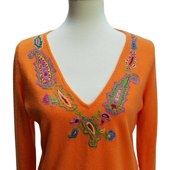 Ralph Lauren Black Label Women's V-Neck Cashmere Sweater Embroidered Orange Sz L - Picture 2 of 12